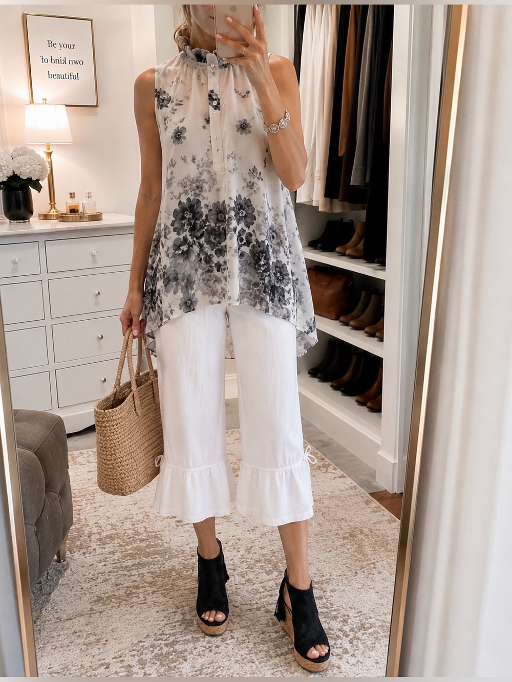 Romantic Sheer Floral Chiffon Tunic Blouse Ruffle Neck Boho Top, large